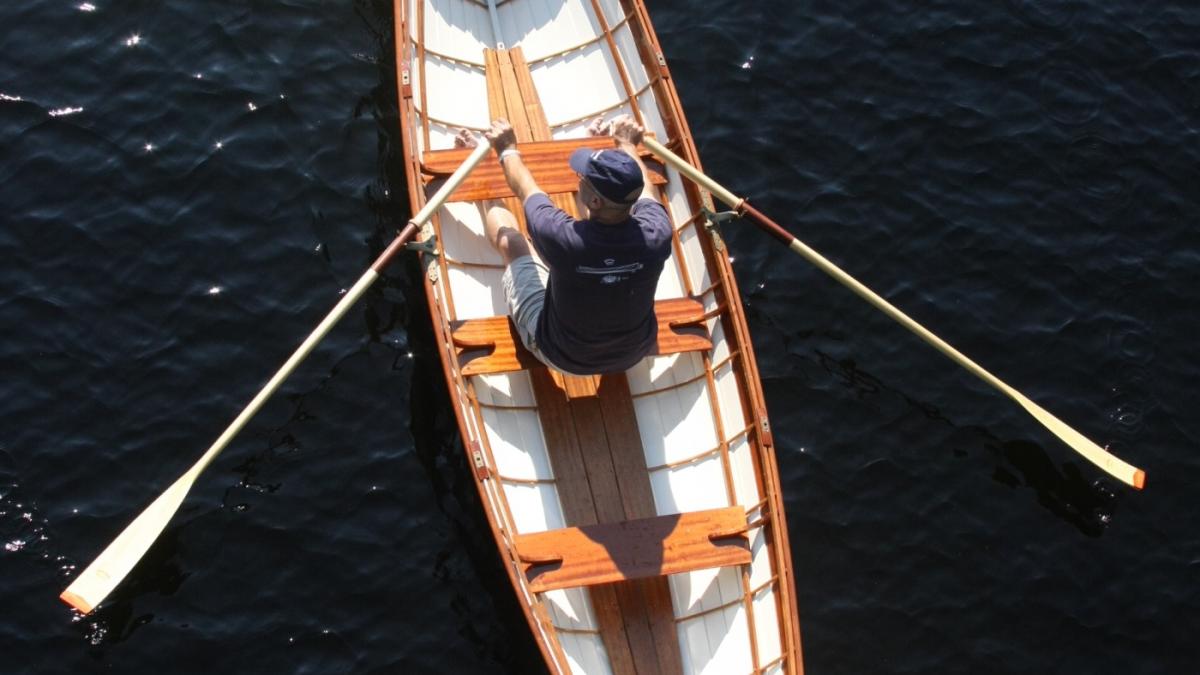 Shaw and Tenney Whitehall boat rowed with Wide Blade Spoon Oars